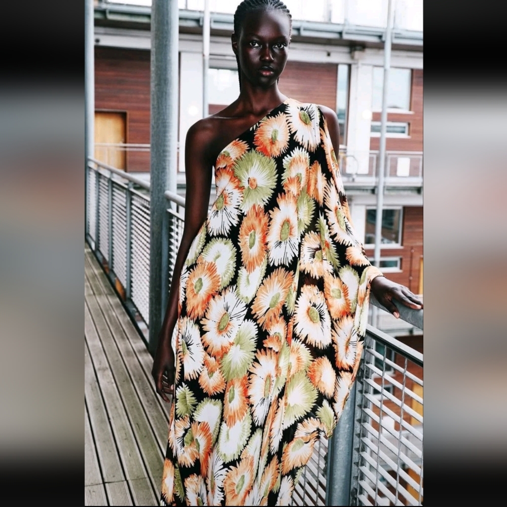 Zara ZW Collection Long Floral Print Asymmetric Maxi One-Shoulder Dress M